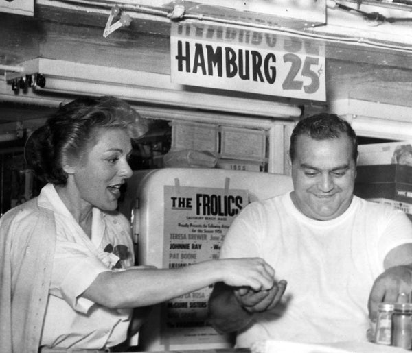 Lillian Roth and Dominic DiPrima serving customers at Joan & Linda Pizza, Salisbury Beach, July 21, 1956. -- Courtesy Joan Petersen