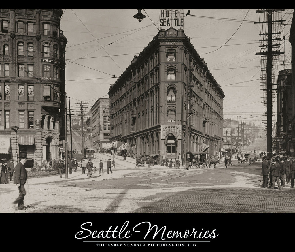 Seattle Memories cover: View of the Seattle Public Library's first home (1891-1894) on the Occidental block on Front Street, James Street and Yesler Avenue, 1892. -- Courtesy Seattle Public Library