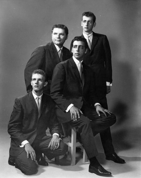The Kingsmen who later went on to become the Statler Brothers, Staunton, 1963. They started locally as the Four Star quartet in 1955 as a County and Gospel group. From left: Phil Balsey, Lew DeWitt, Harold Reid and Don Reid. -- Augusta County Historical Society