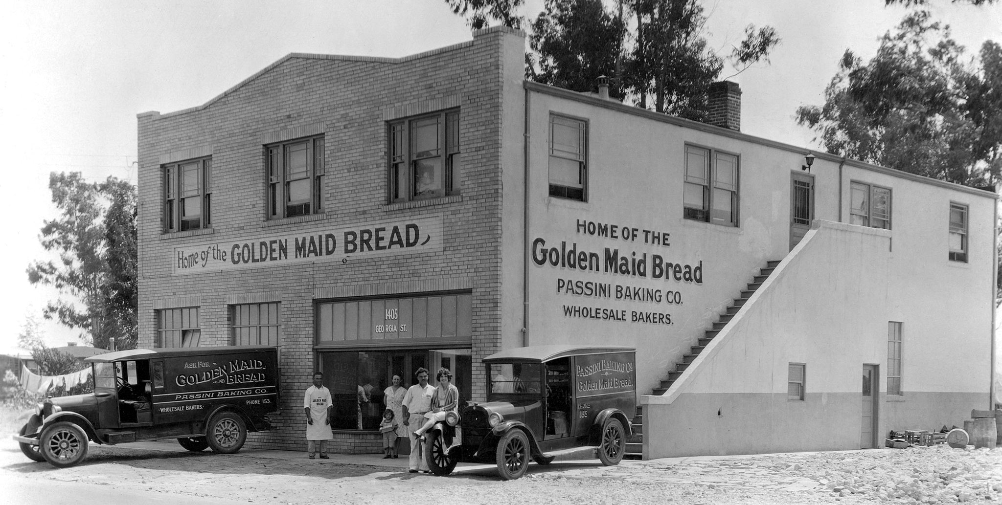 Passini Bakery, 1405 Georgia Street, circa 1933. The bakery produced Golden Maid Bread and wholesale baked products. The business was at this same location until 1971. On the left is Charles “Moonie” Passini. Standing next to the car is Alfonso “Sunshine” Passini, Charles’s brother and partner. Upstairs were apartments. -- Courtesy Arlene Passini