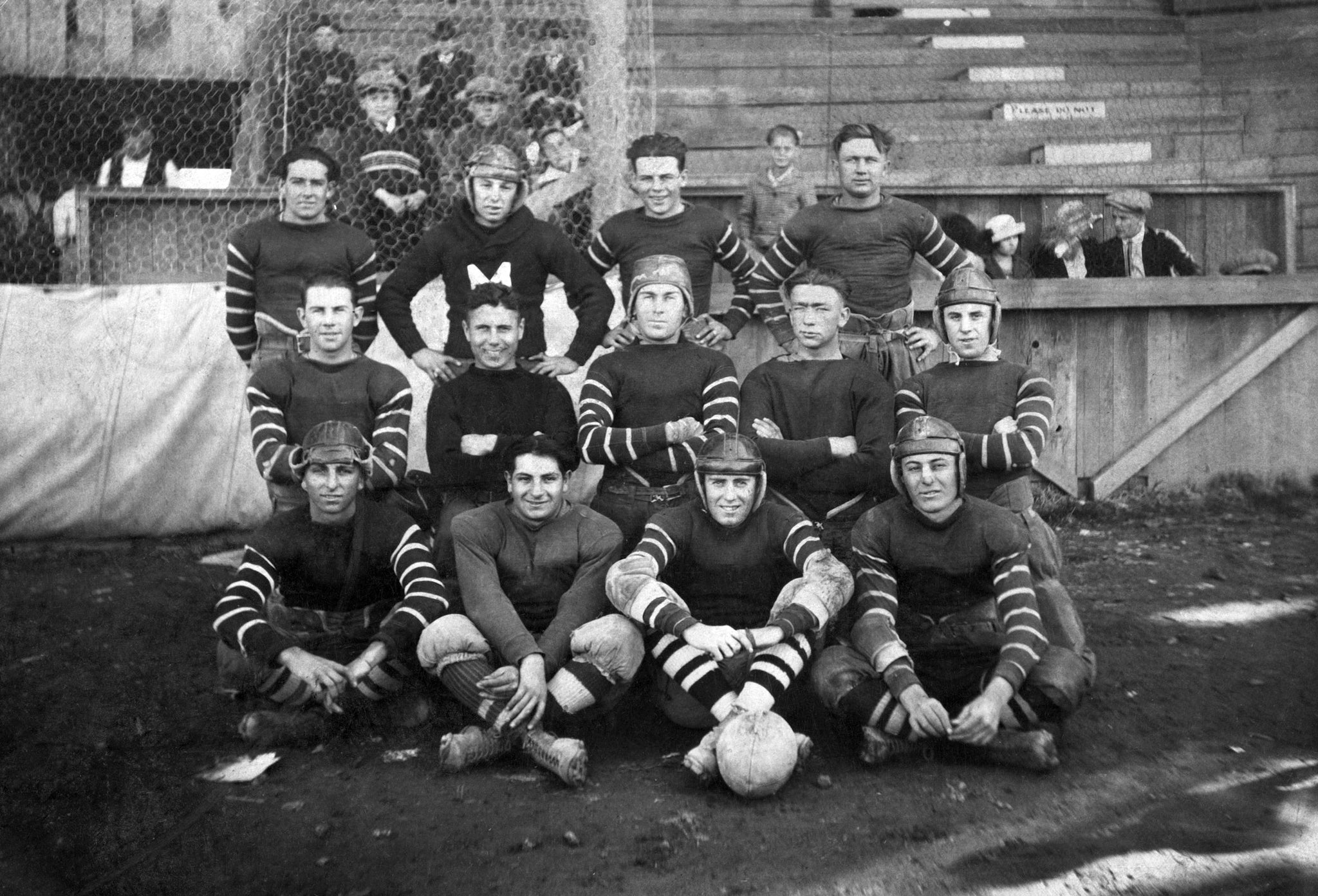 The Junior Moose football squad, 1920. Front row, from left: Antoine Johnson, Albert Strazzo, George Boyle, Richard Terret. Middle row: Dick Boyle, Big Fountain, Vince Walsh, Allie Kenworthy, Leo Little. Back row: Mike Malstead, Norman Seeney, Bert Killerb, Frank Peters. -- Courtesy of the Vallejo Naval and Historical Museum