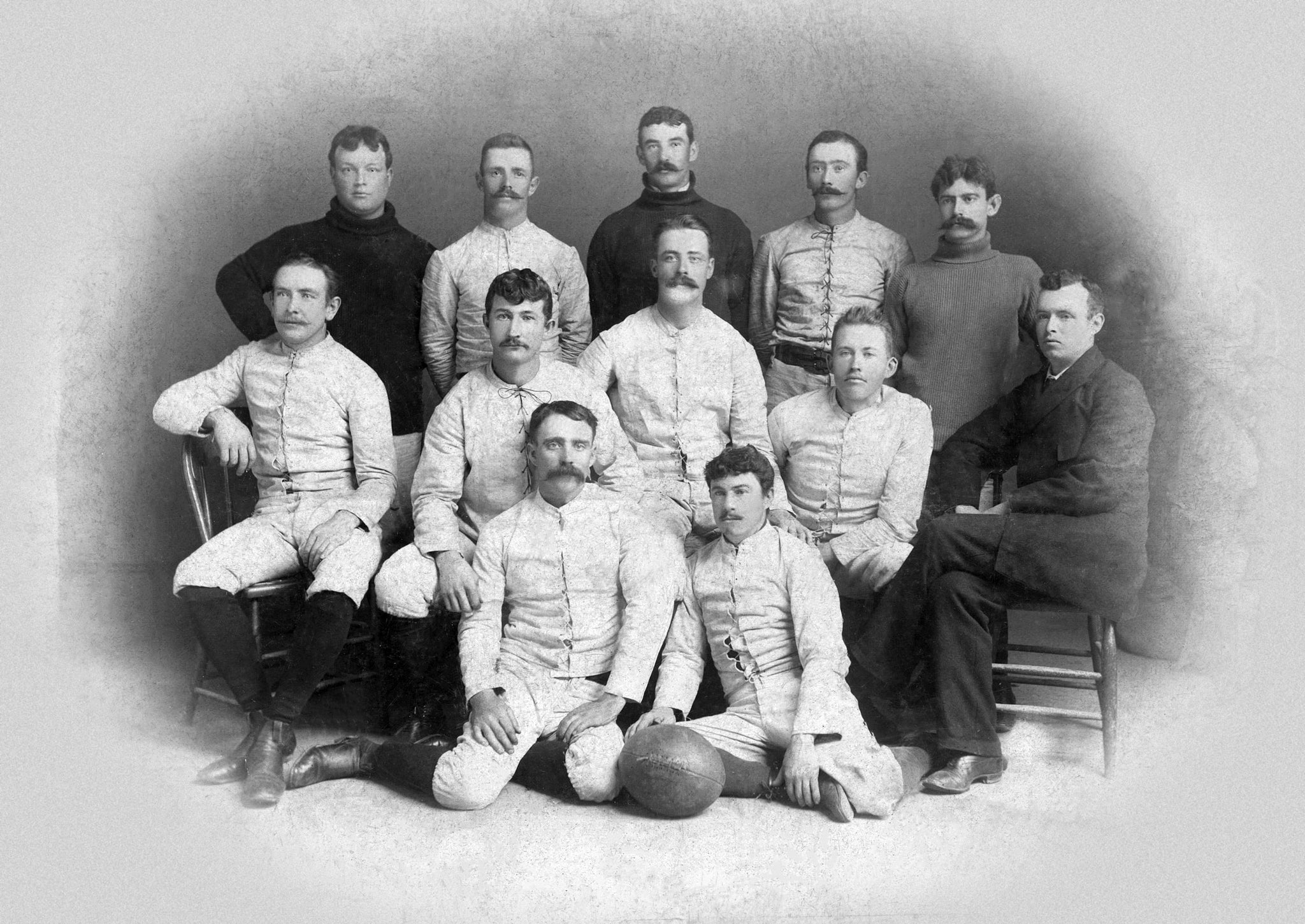 The Farragut Athletic Club football team, circa 1895. Those identified are Ed Cavanaugh, Charles Lee, Thomas McGuire, Joseph McEnry, George Burnap, John Hurley, John Scully, Joseph Walsh, J. W. Cavanaugh, P. W. Brown, and P. Bagan. -- Courtesy of the Vallejo Naval and Historical Museum