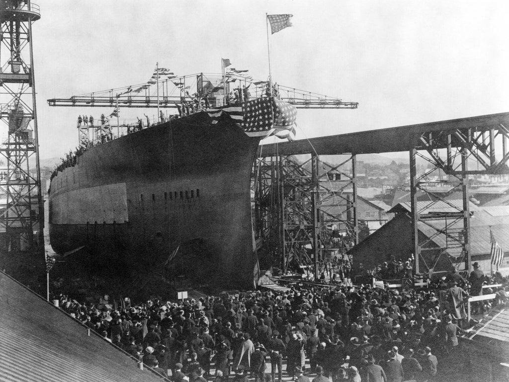 Launching ceremony for the USS California, Mare Island, November 20, 1919. The Mare Island-built battleship was badly damaged in the attack on Pearl Harbor, December, 1941. On March 25, 1942, the ship was finally refloated and towed to dry dock for repairs. -- Courtesy Vallejo Naval and Historical Museum