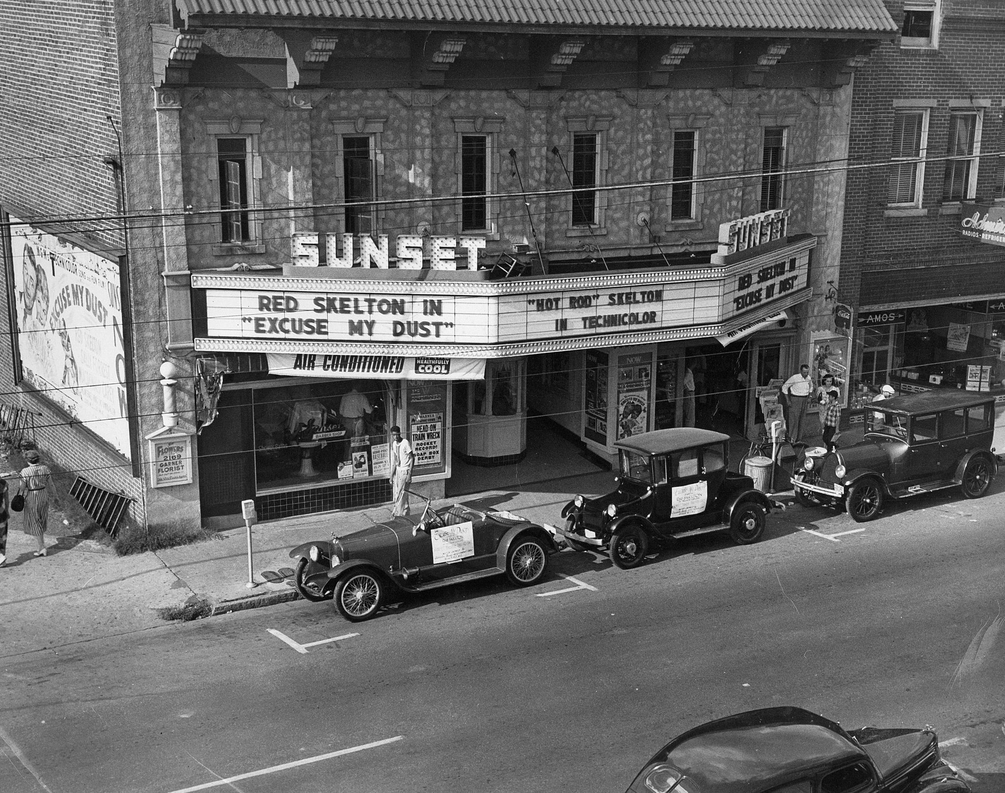 The Sunset Theatre marquee advertising the Red Skelton films "Excuse My Dust" and "Hot Rod," Asheboro, circa 1951. -- Courtesy of the Randolph County Public Library