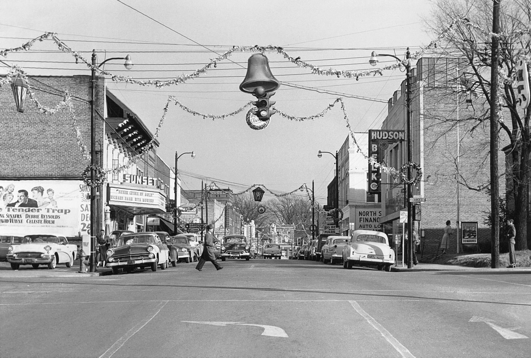Christmas decorations over Sunset Avenue, Asheboro, circa 1955. -- Randolph County Public Library