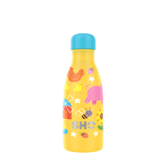 Reusable bottle in farmyard fun (yellow background with colourful farm animals)