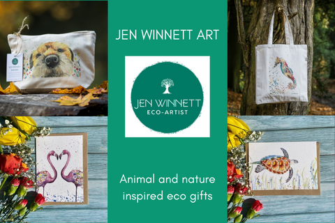Image showing selection of Jen Winnett Art eco products including mini bag, tote shopping bag and cards