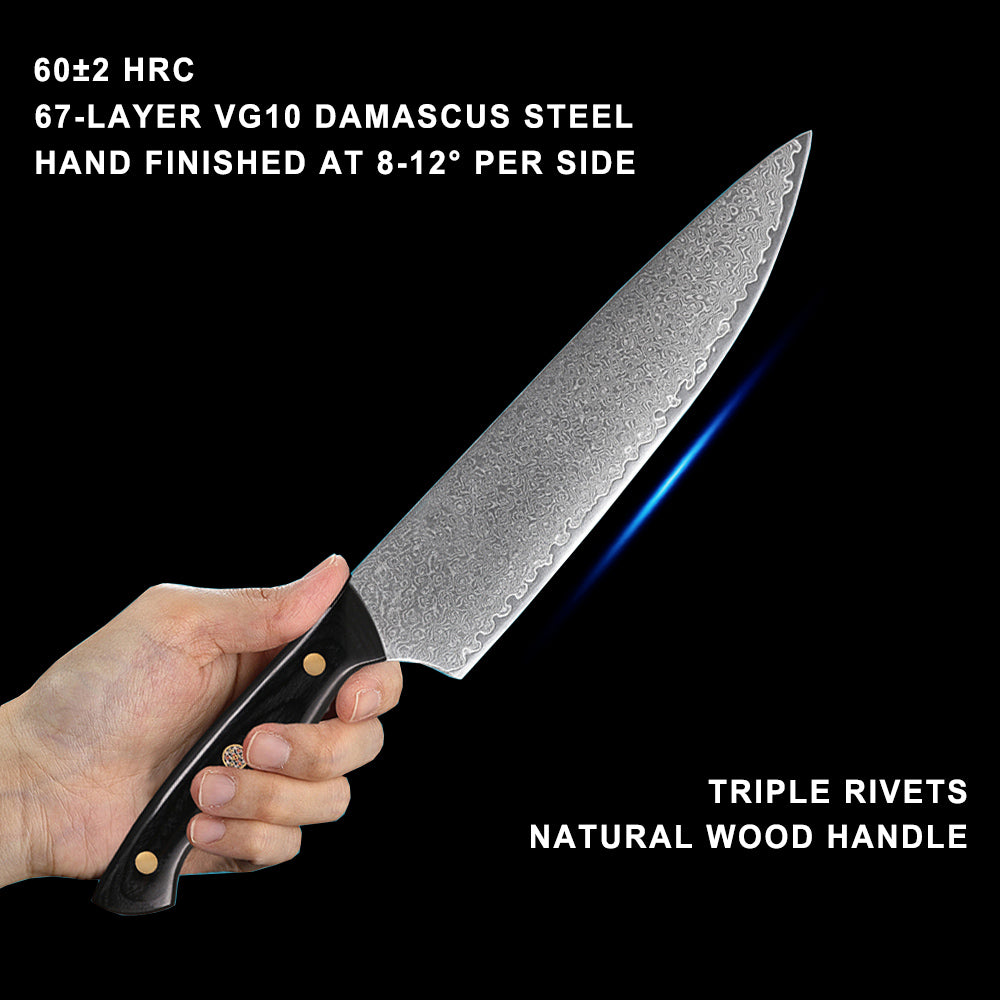 4-Piece Damascus Chef Knife Set With Triple Riveted Wood Handle