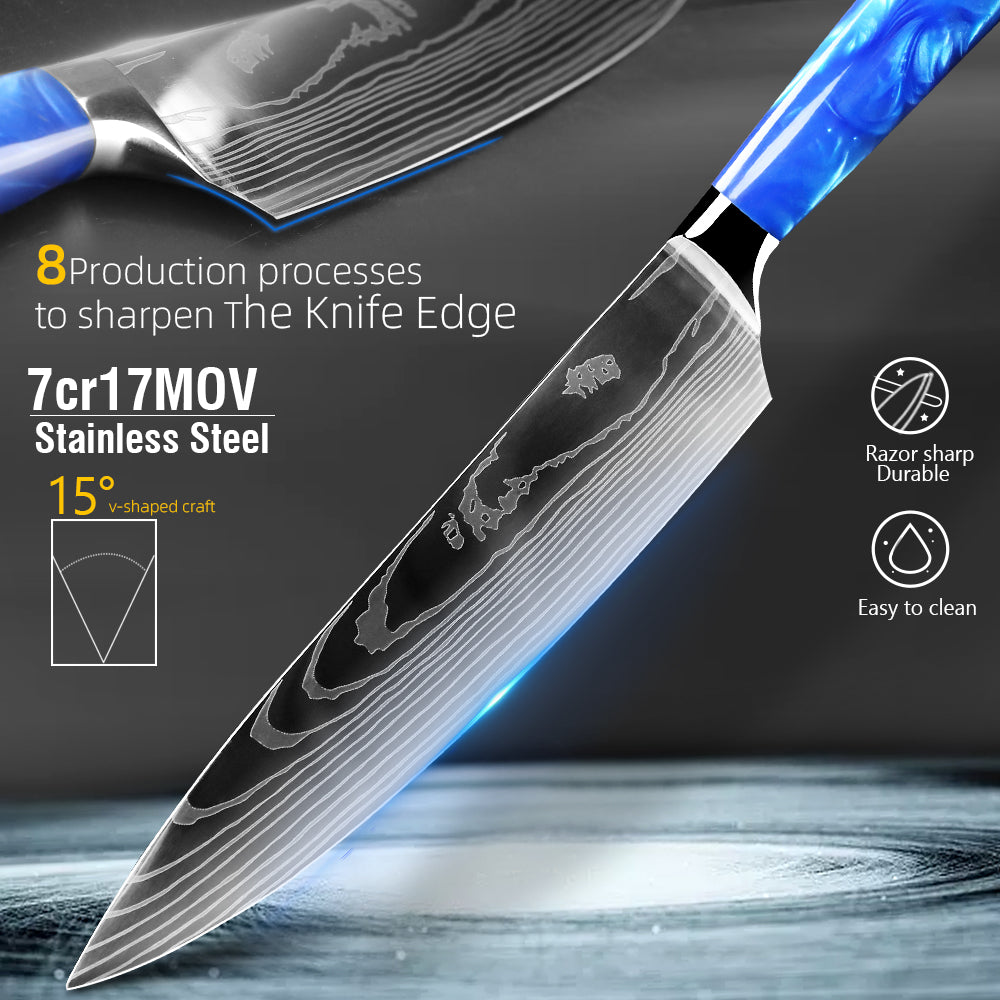 Tengoku 10-Piece Stainless Steel Chef Knife set, Blue Resin Handle