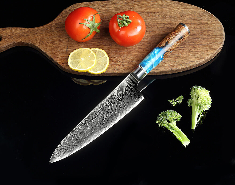 Letcase Damascus Steel 8" Chef Knife With Blue Resin Handle