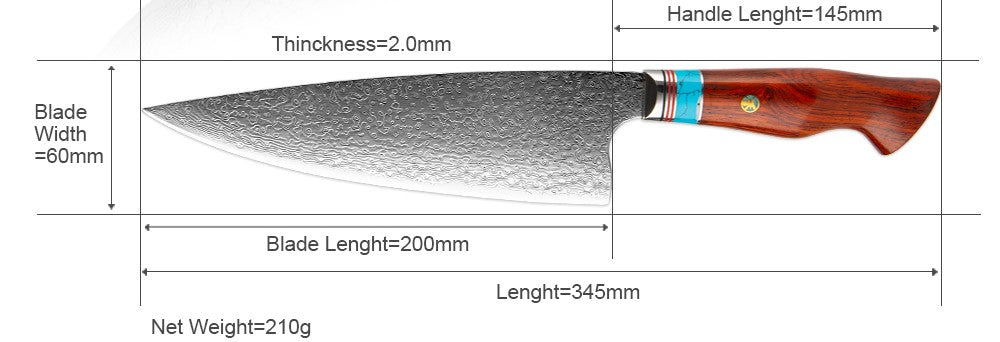 Blade Length: 8 in  Handle Length: 5.7 in Blade Width:2.36 in Net Weight: 0.46 lbs