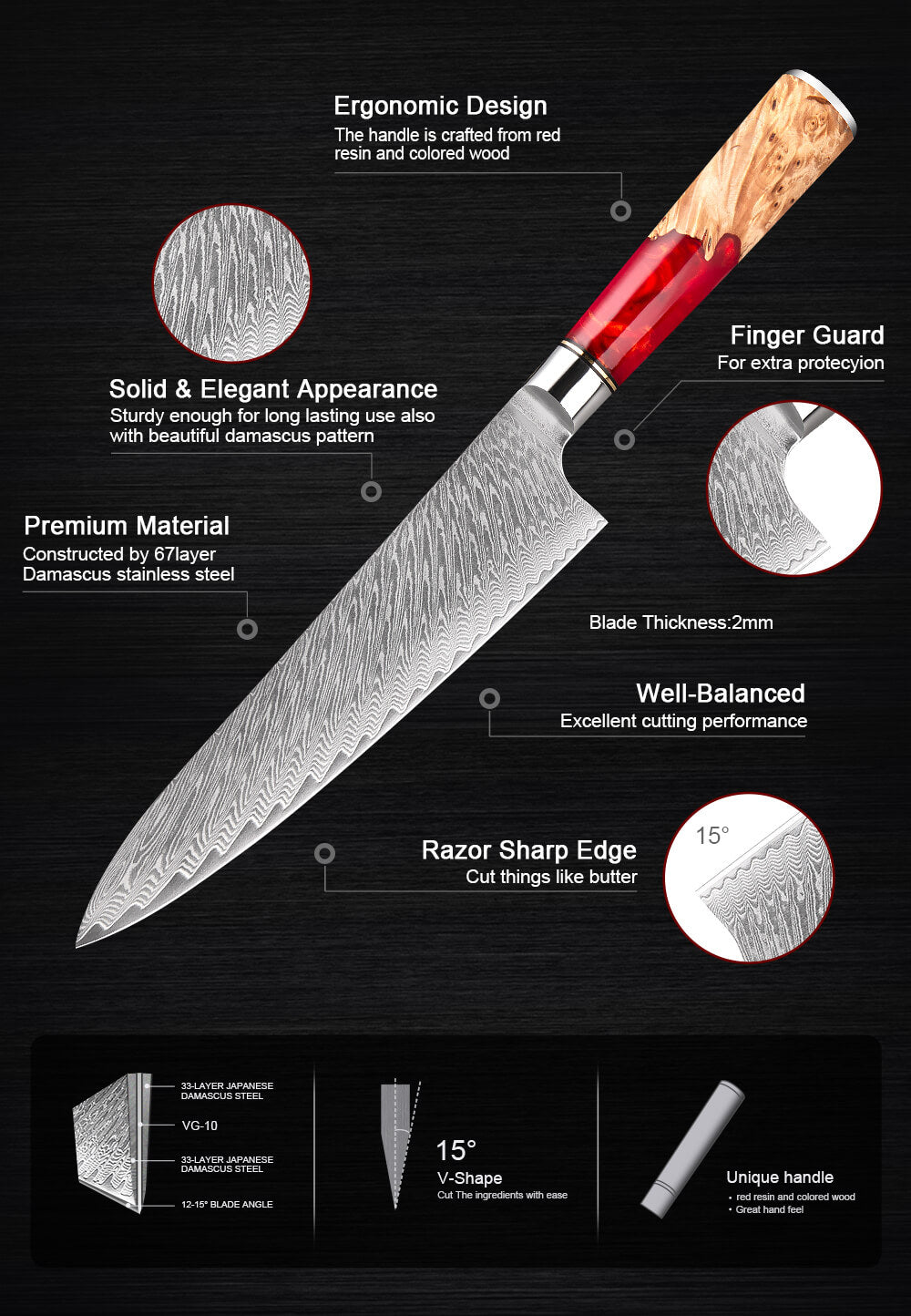 Stainless Steel Chef Knife Set Japanese Damascus Pattern Sharp