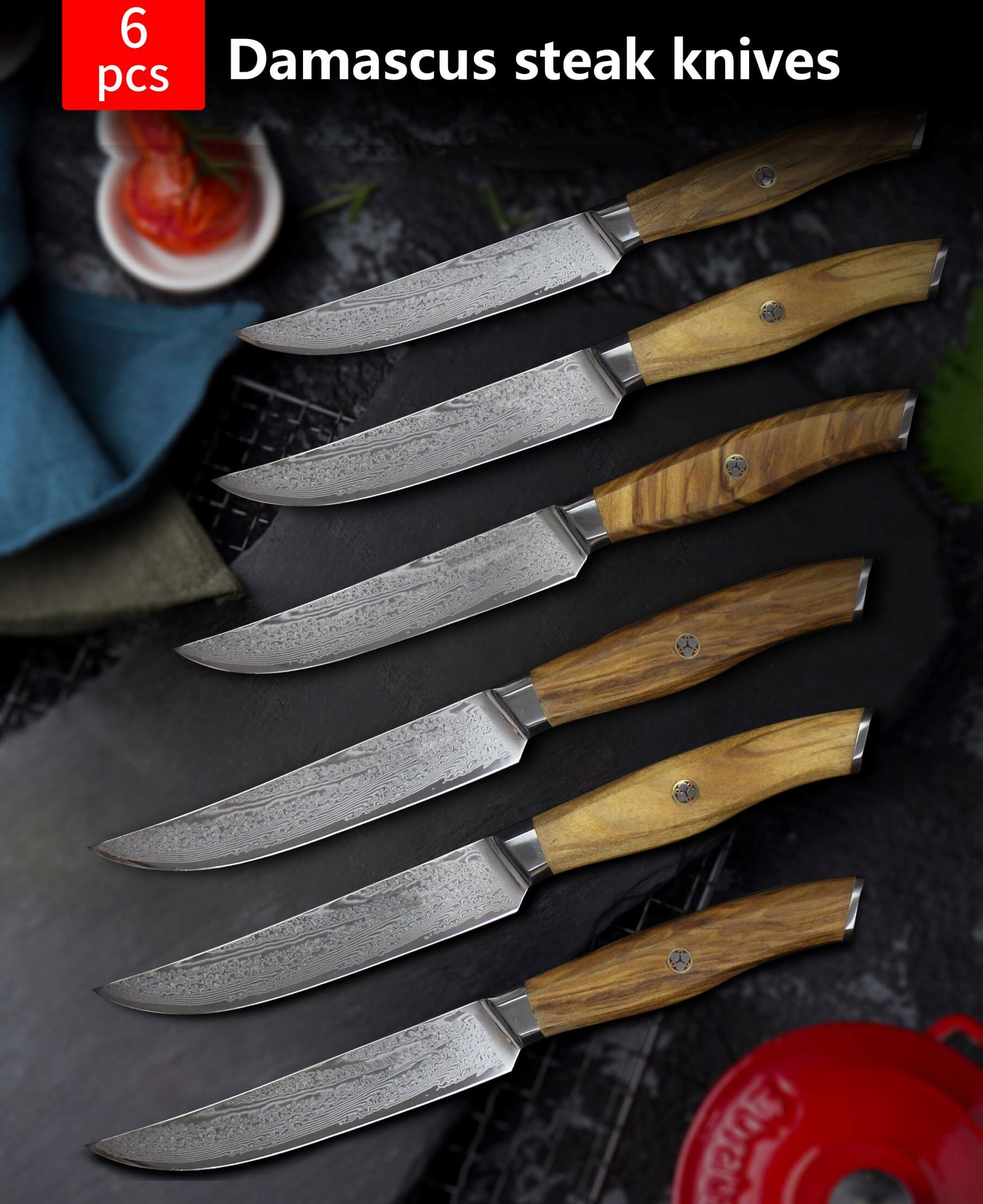 Steak Knives, 4Pcs Damascus Premium Steak Knives Set (Non-Serrated), 5  Japanese Damascus AUS-10 67-Layer Sharp High End Knife Set, Ergonomic Luxury  Olive Wood Handle with Wood Gift Box 