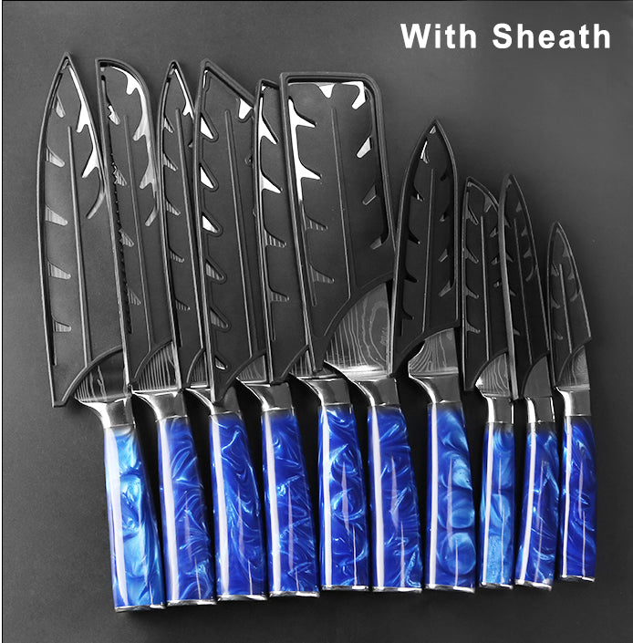 10PCS Kitchen Knives Set,Blue Diamond Knife Set,Stainless Steel Chef Knife  Set,Damascus Pattern,Blue 
