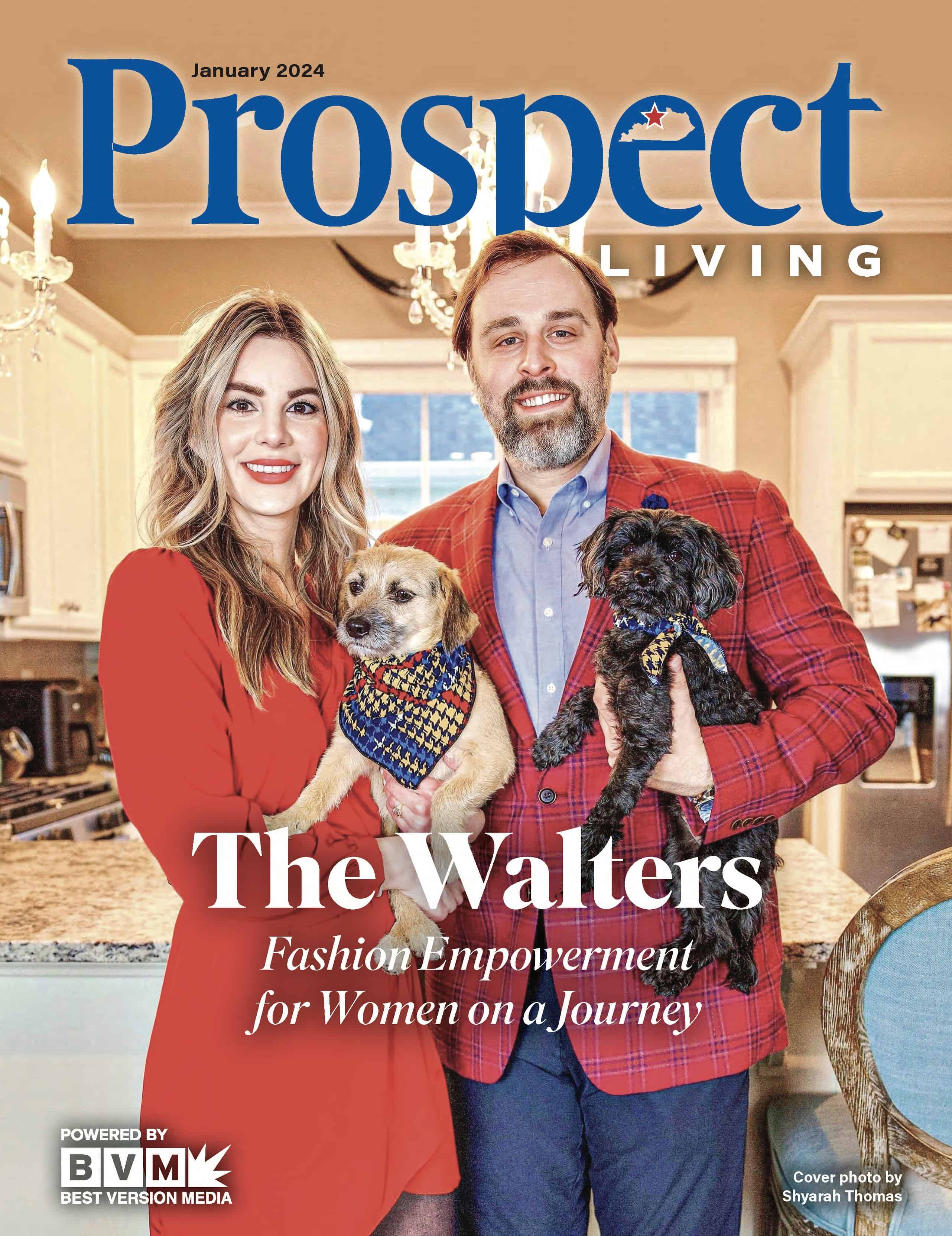 Man and woman on cover of a magazine, holding their dogs wearing houndstooth bandanas.