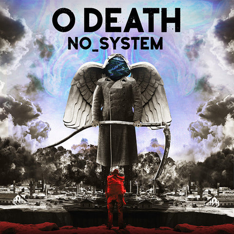 O Death cover art. A man stands at a chasm and looks across at a giant death carrying a scythe