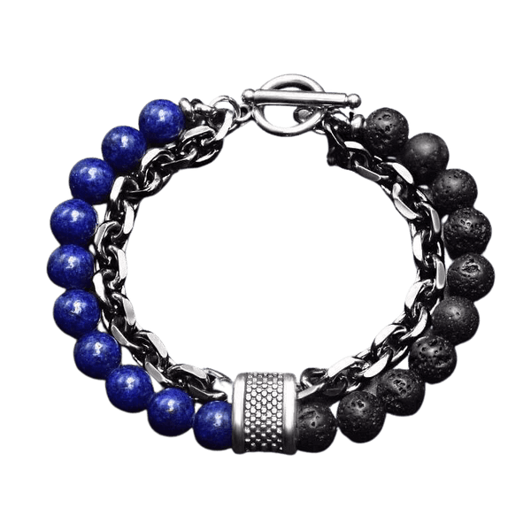 Lava Rock Men Beaded Bracelet 10mm with Sapphire Blue Glass Beads .925  Silver