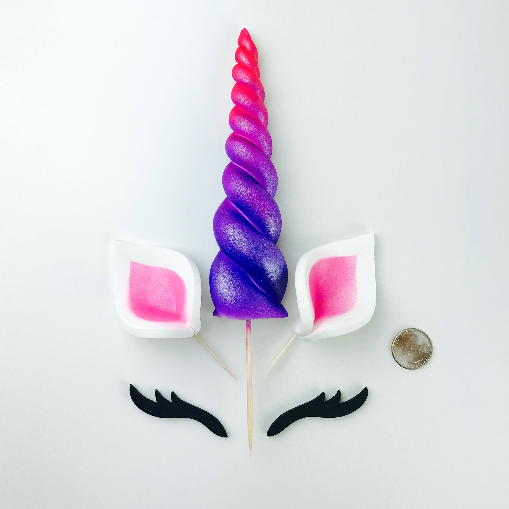 purple and pink ombre unicorn cake topper with pink ears