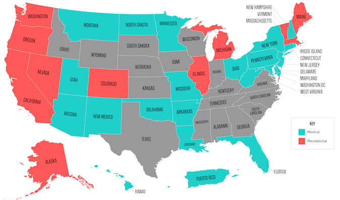 Mapa de Estados Unidos realizado por weedmaps.com que muestra el estado de legalización de cada estado.
