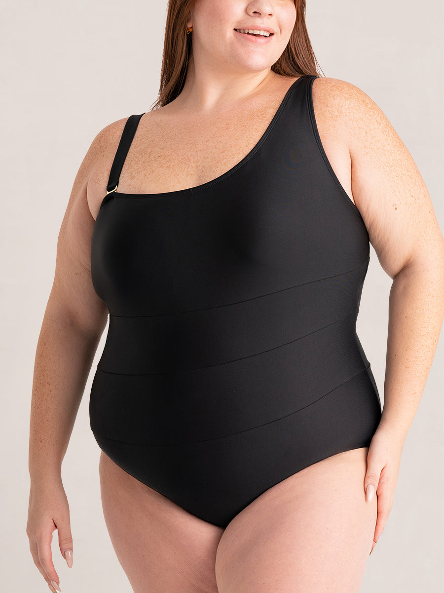 One-Shoulder Shaping Swimsuit with Mesh Details and Fabric Overlay