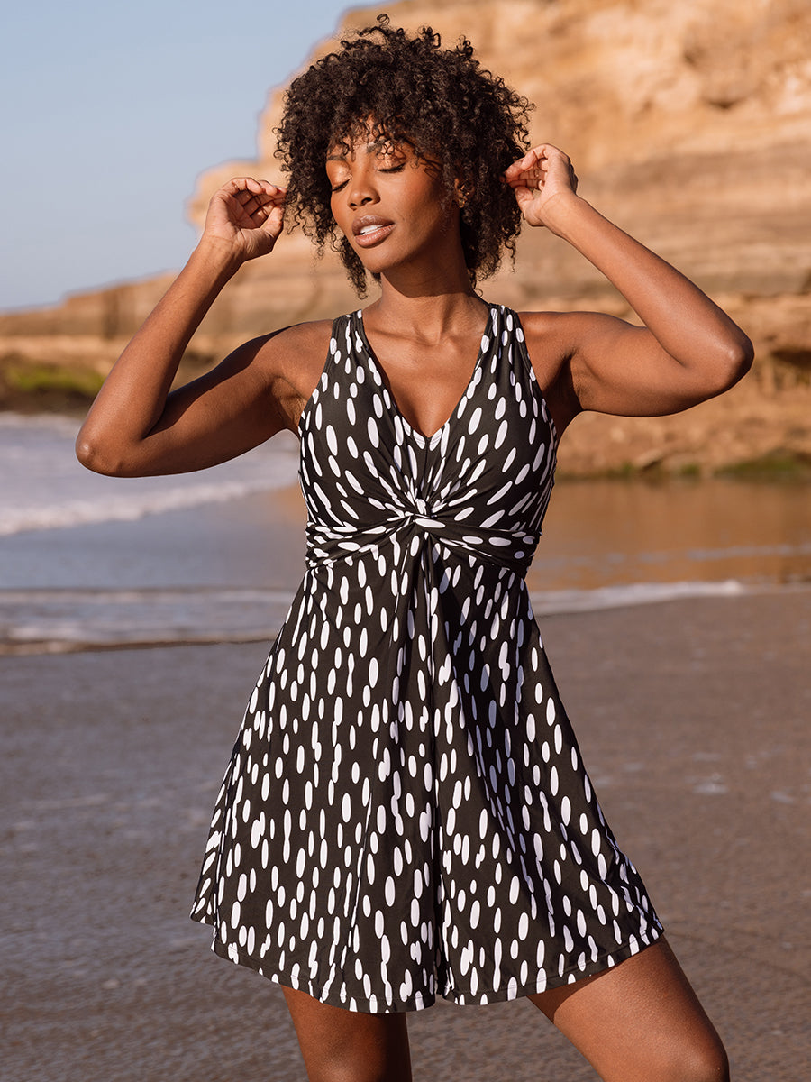 Swim Knot-Front Swim Dress Elongated Polka Dots