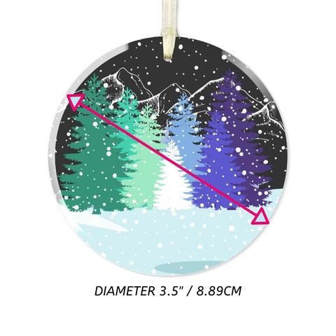 Dimensions of MLM Pride Flag Winter Forest Christmas Glass Ornament Size Dimensions