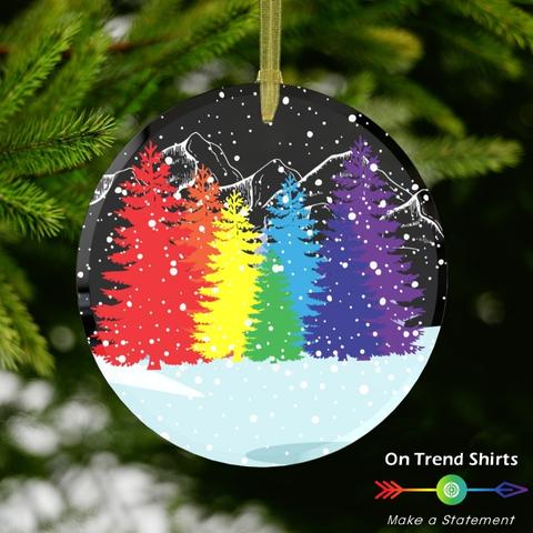 Rainbow Christmas Forest Glass Ornament