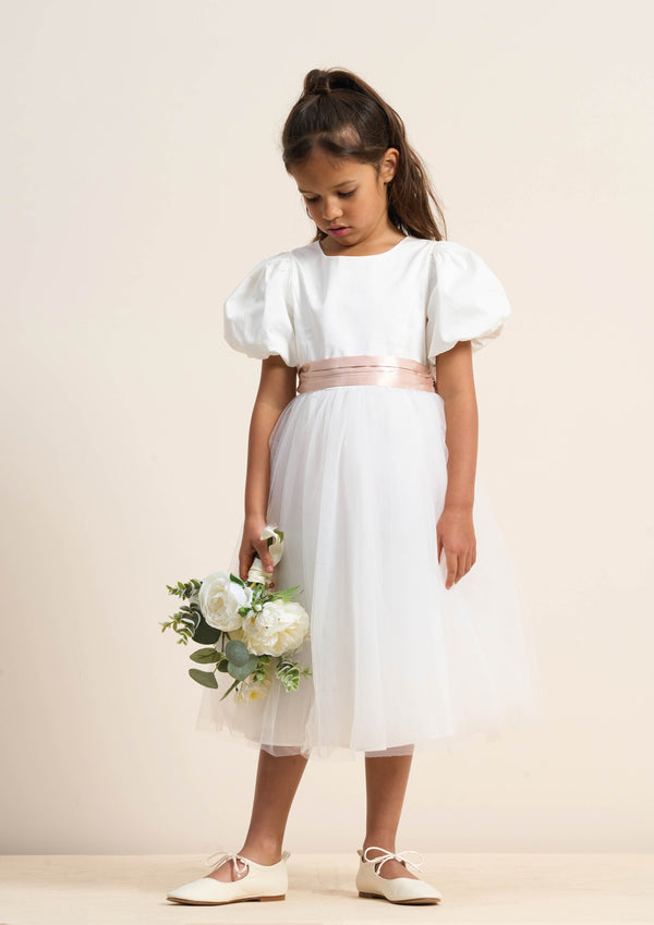 Ivory Taffeta Flower Girl Dress, Pink Sash