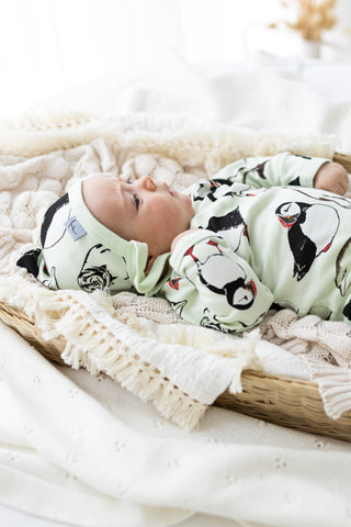 Fauna Kids Puffin print baby romper & hat photographed by Ausra Dooley