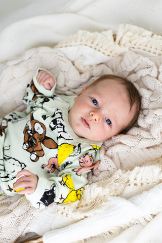 Fauna kids farmyard baby onesie photographed by Ausra Dooley