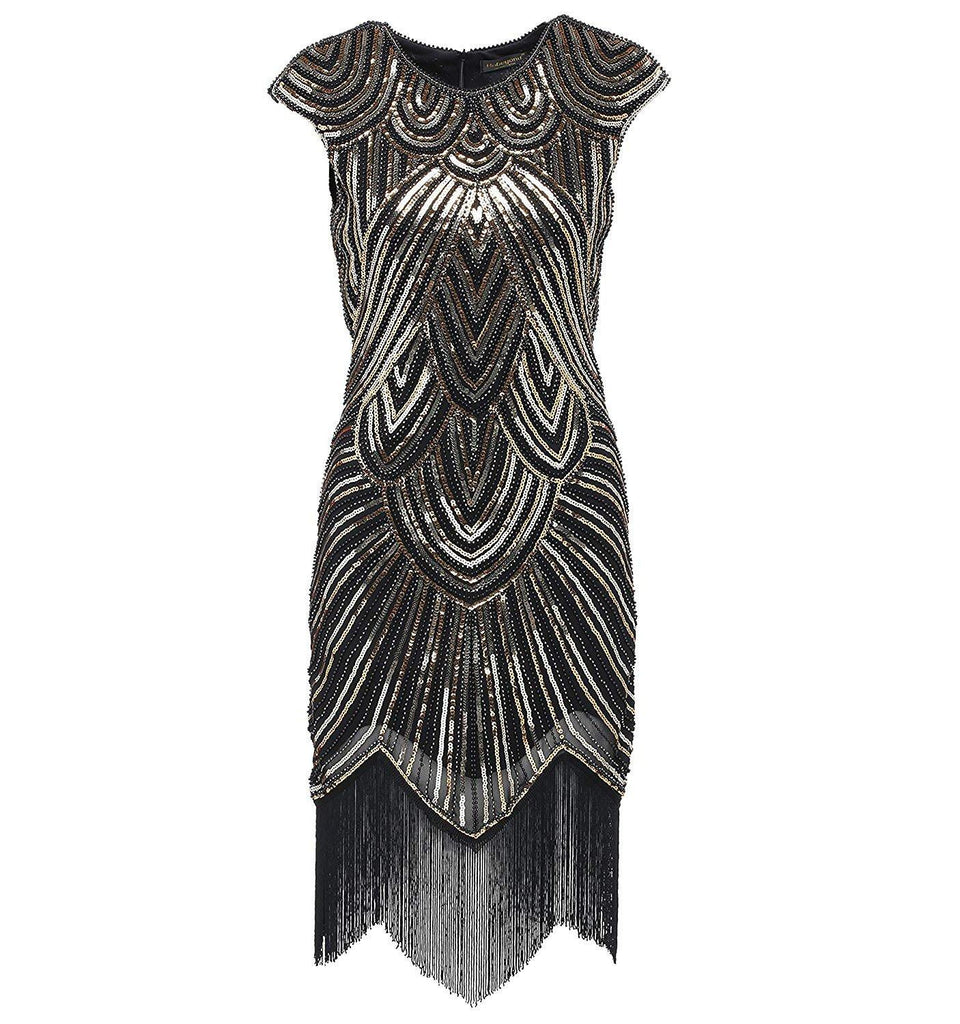 1920s Style Beaded Fringe Great Gatsby Dresses Flapper Party Black Gol ...