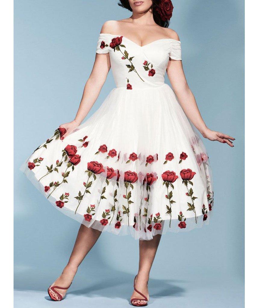 Unique Rose Embroidery Off Shoulder 1950s Plus Dresses Vint – VINTAGEPOST
