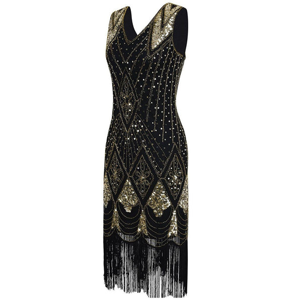1920s Flapper Dress Gold Sequins Black Tassel Fringes Gatsby Party|Jao ...