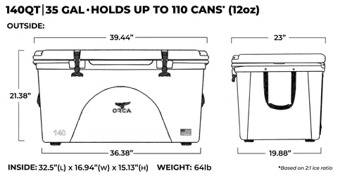 ORCA Hard Sided Insulated Coolers - 140 Quart Capacity Dimensions