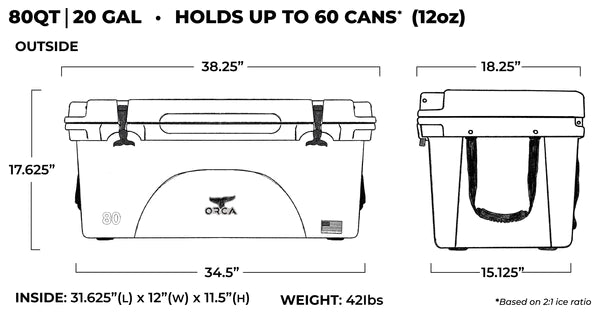 ORCA Hard Sided Insulated Coolers - 80 Quart Capacity dimensions