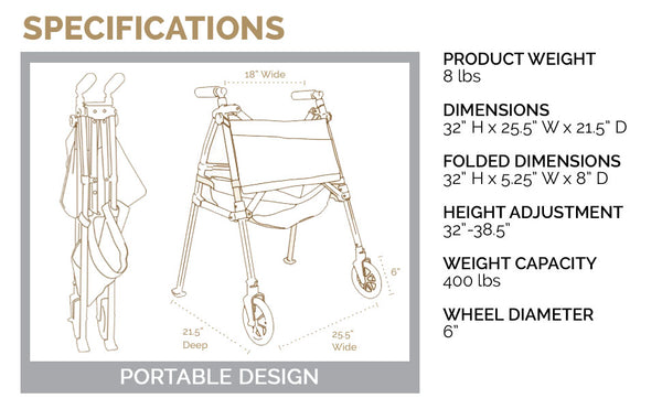 Signature Life Folding Elite Travel Rolling Walker Specs