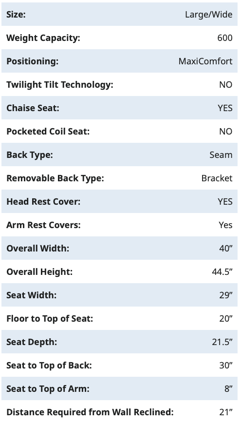 PR535 M28 Lift Chair Specifications