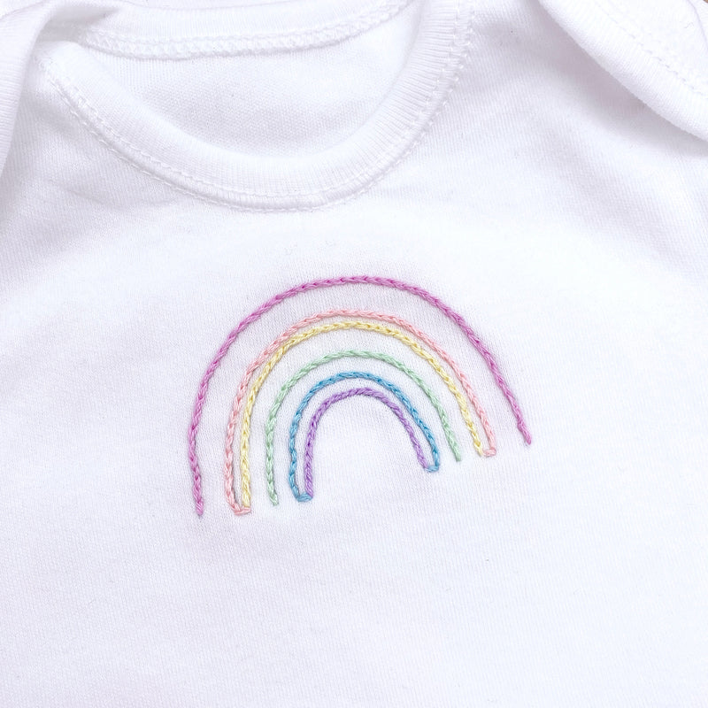 Learn how to hand embroider a baby grow with a modern rainbow design ...