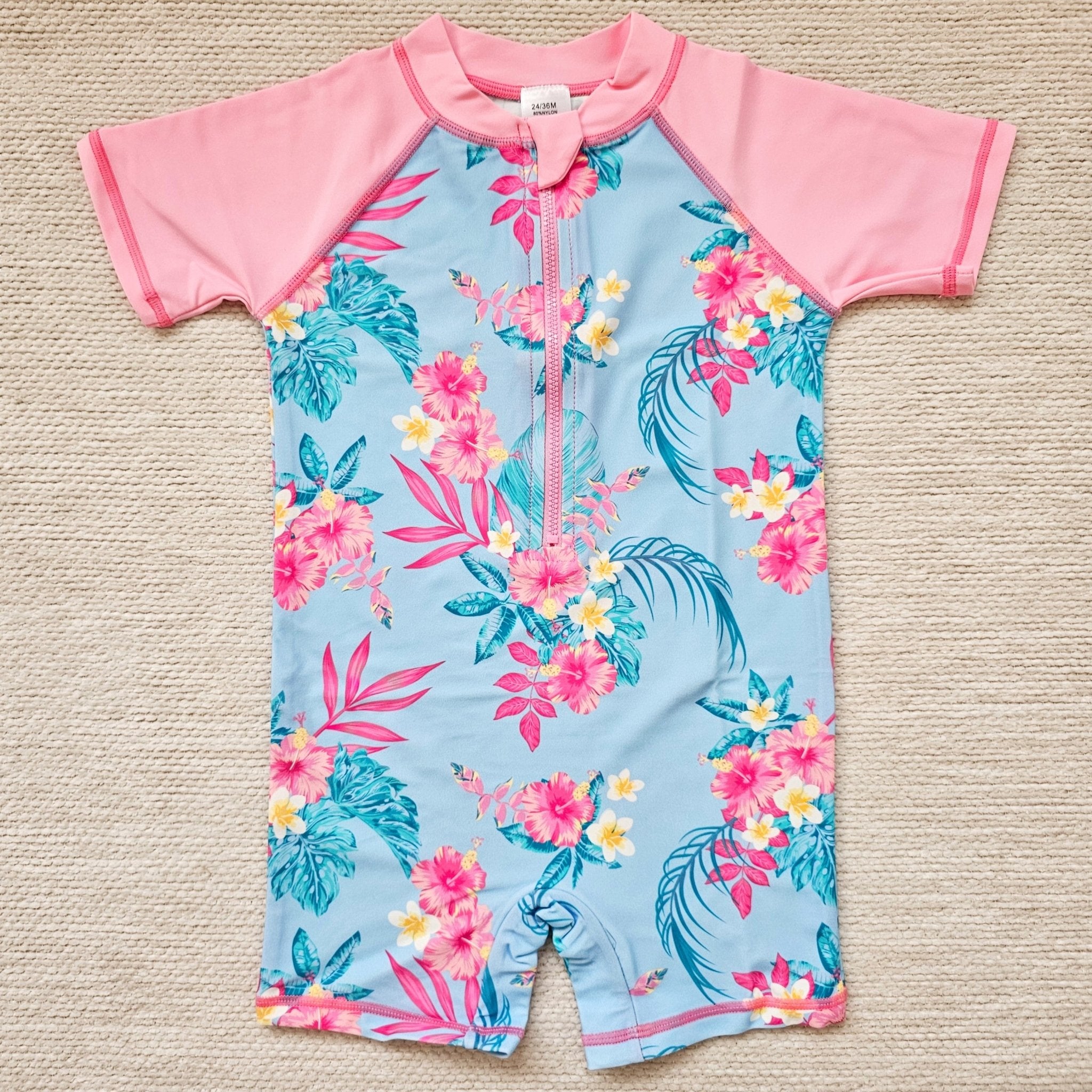 Image of Personalised Floral Girls Front Zip Swimsuit (Multiple Option Colours)