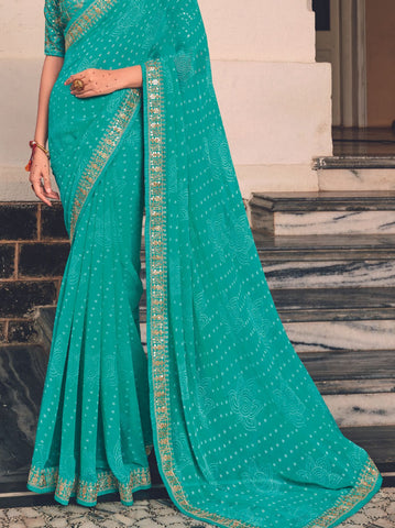 Turquoise Bandhani Fine Georgette Saree - TrendOye