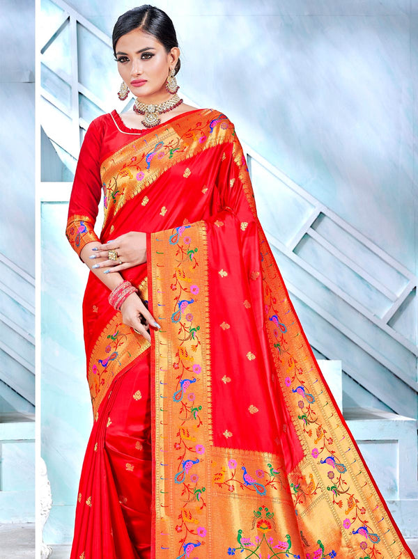 Ruby red paithani saree with captivating floral woven work - TrendOye