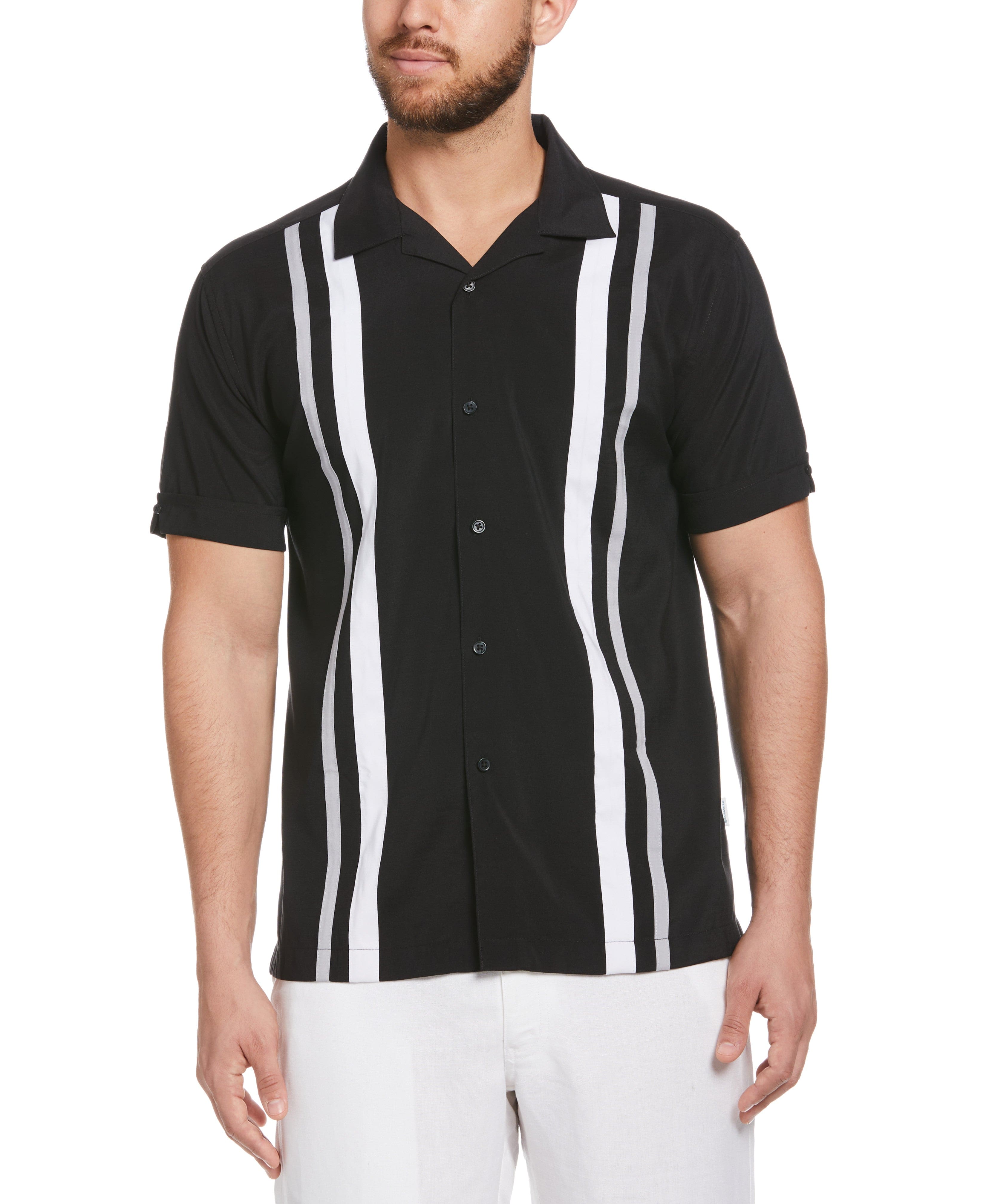 Rockabilly Men’s Clothing Cubavera Mens Camp Collar Retro Panel Short Sleeve Shirt in Jet Black Size Medium Viscose Blend $39.99 AT vintagedancer.com