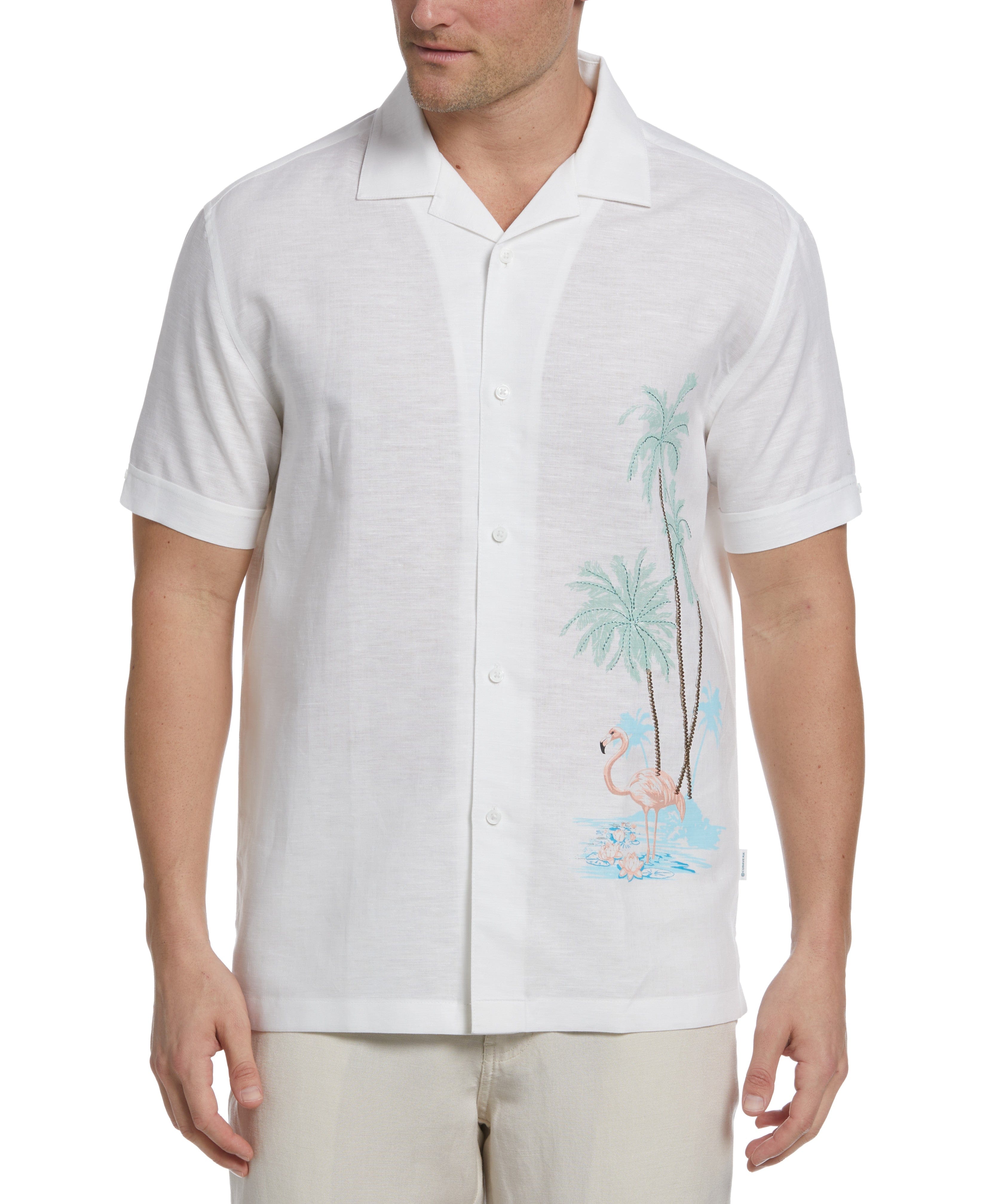 Rockabilly Men’s Clothing Cubavera Mens Linen Blend Flamingo Print Camp Collar Short Sleeve Shirt in Brilliant White $49.99 AT vintagedancer.com