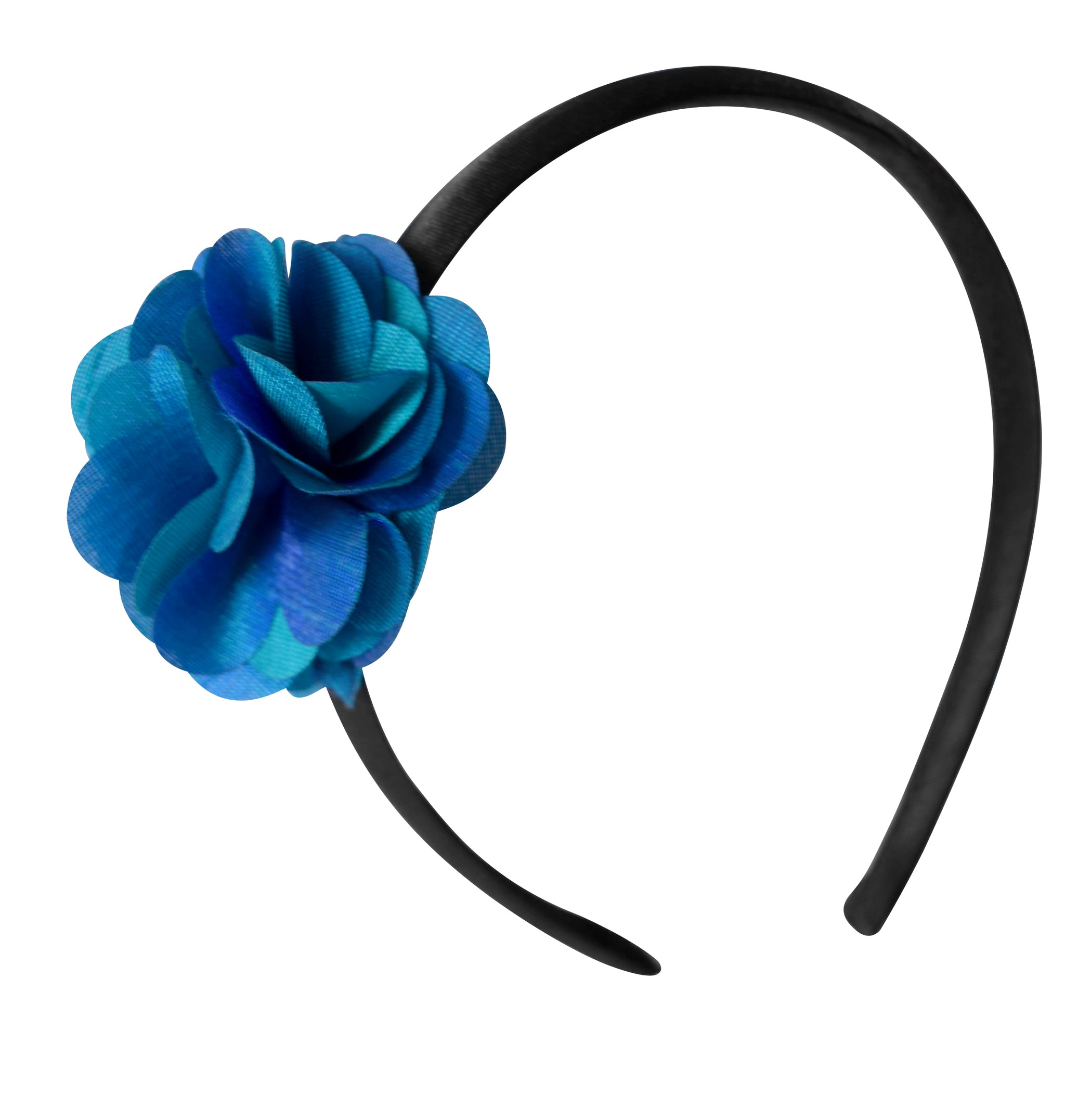 Hair Bands Peacock Blue Flower On Black Satin Faye