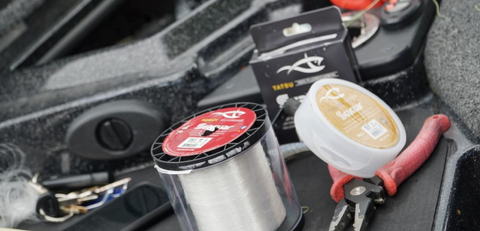 Photograph of Seaguar fluorocarbon products on the deck of a bass boat