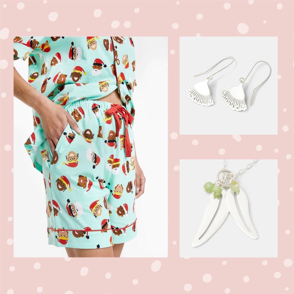 Blakmas PJs and eucalyptus flower and leaf jewellery in sterling silver