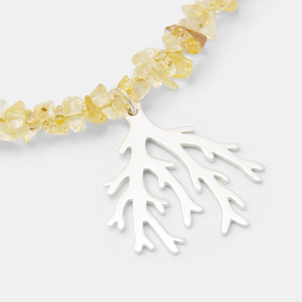 Branch coral silver pendant on citrine gemstone beaded necklace