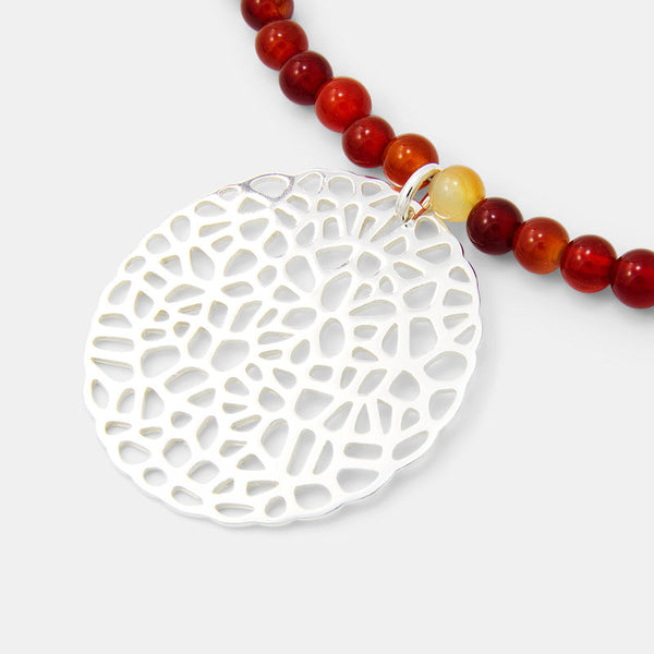 Coral silver pendant on red agate beaded necklace