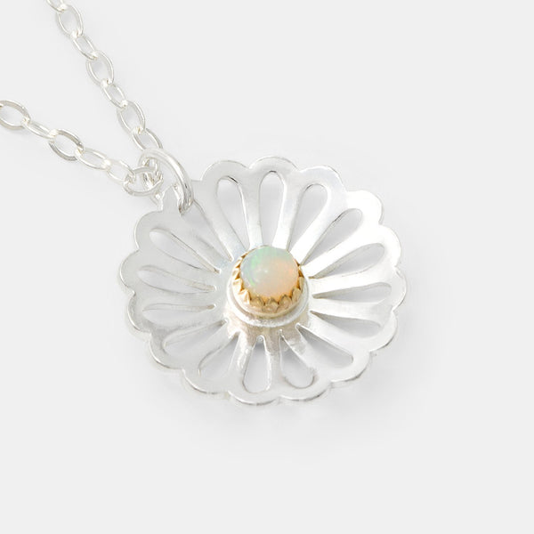 Daisy and opal gemstone necklace in sterling silver and solid gold by Australian jewellery designer Simone Walsh.