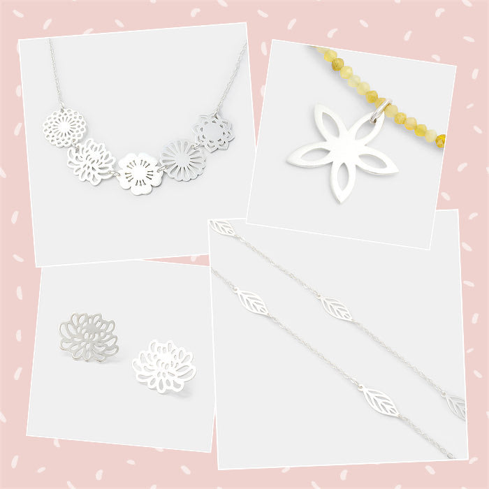 Mixed and matched bouquet jewellery in sterling silver gemstones featuring leaves flowers